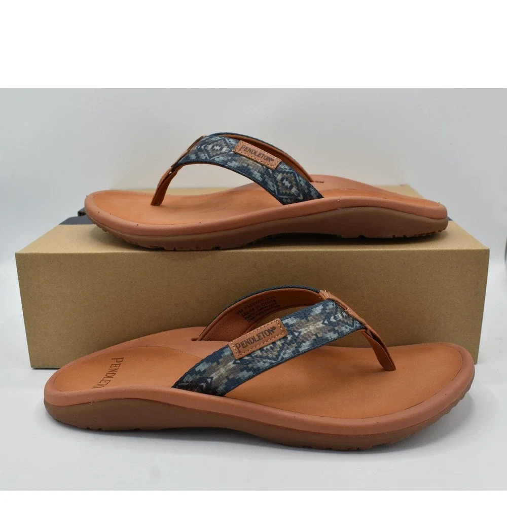 Pendleton Mens Size 9 Brown Blue Geometric Southwestern Flip Flop Sandals Shoes